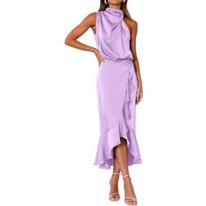 KIRUNDO Women 2025 Summer Fall Satin Mock Neck Wedding Guest Party Cocktail Midi Dress Sleeveless Wrap Ruffle Formal Dresses (Purple, S)