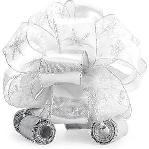 Traico Christmas Tree Topper Bow  Bow: 11" sq.  Tails: 3 Yards Long Each  Silver Snowflake