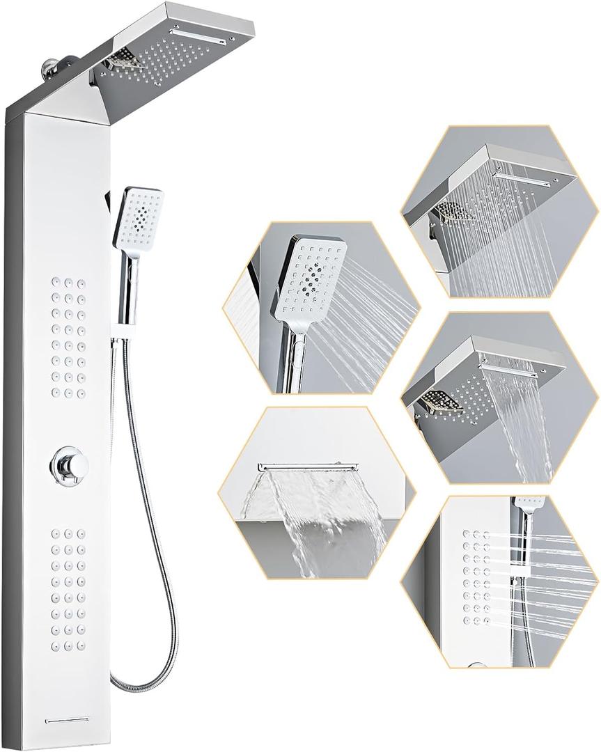Lengthened Shower Panel Tower System Rainfall Waterfall Shower | Rain Shower Head Handheld High Pressure Rain Massage System(Silver)