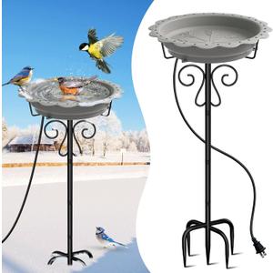 Heated Bird Bath for Outside Winter, Powerful 100W Thermostat Control Heated Bird Baths for Outdoors with 5-Prong Metal Stake, Heated Birdbath Water Heater for Garden Yard Patio Lawn (Grey) (Gray)