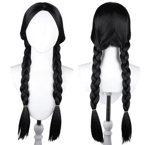 Wednesday Cosplay Wig Black Braid Hair with Heat Resistant Synthetic Fabric for Women Halloween Cosplay Party with cap