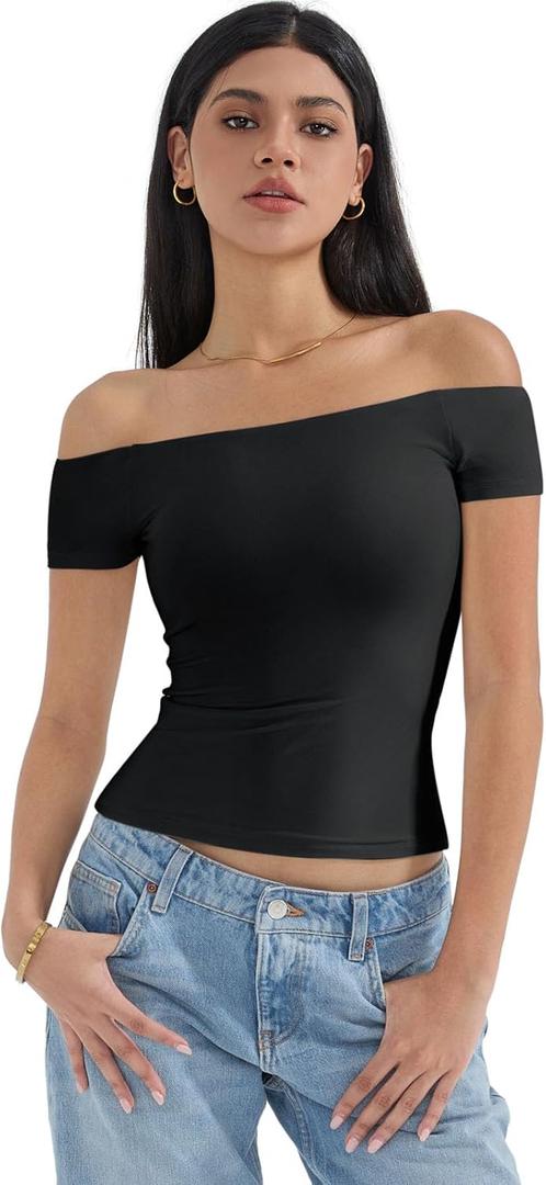 SUUKSESS Women Double Lined Off The Shoulder Tops Fitted Going Out Basic Shirts (Large, Jet Black)