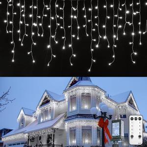 Brightown Christmas Icicle Lights Outdoor, 33 Feet 72 Drops with 384 LED, 8 Modes Waterproof Connectable Twinkle Fairy String Light for Christmas Thanksgiving Hanging Icicles (Pure White)