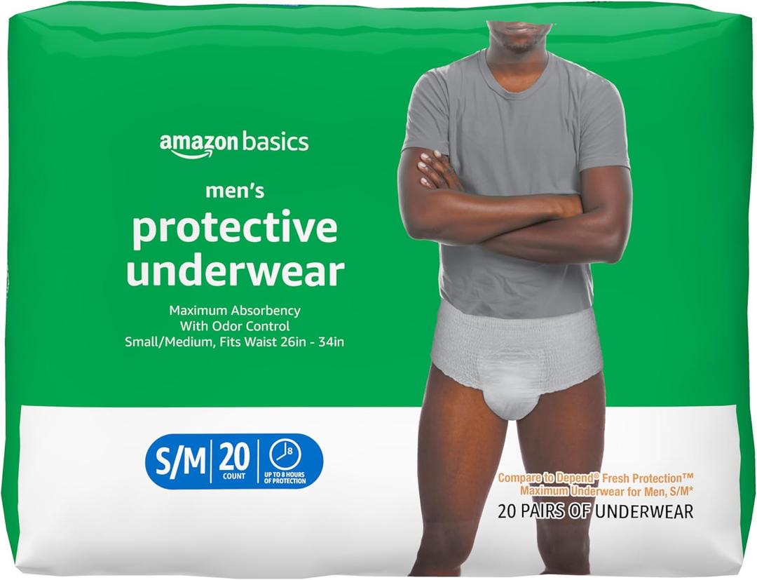 Amazon Basics Maximum Absorbency Incontinence Underwear for Men with Leak Protection and Odor Control, Disposable, Small/Medium, 60 Count (3 Packs of 20)