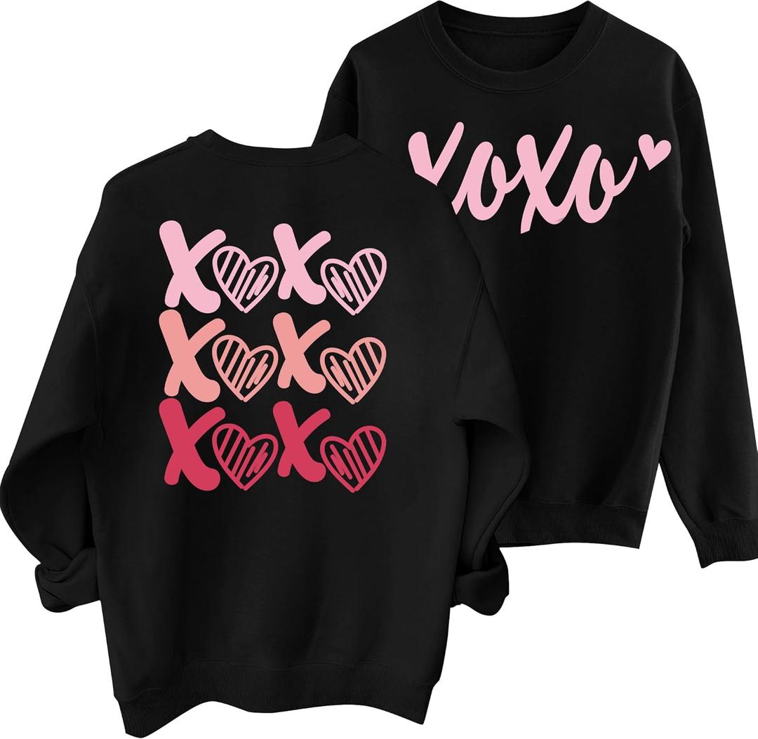 Valentines Sweatshirts for Women Love Heart Graphic Sweatshirt Valentine's Long Sleeve Pullover Tops (Black, M)