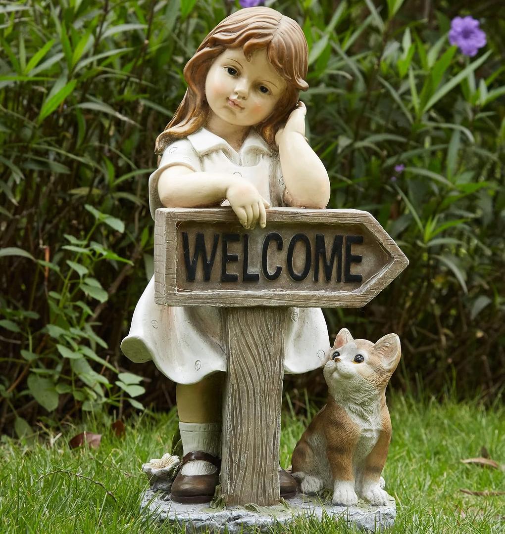 Girl Garden Statue with Solar LED Lights, Solar Girl Welcome Sign with Cat Garden Statue for Outdoor Decor, Porch, Patio, Yard Art Decorations, Polyresin 17.3 inch, 17.3 x 8.9 x 7.1 inches