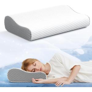 Cervical Neck Pillow for Sleeping - 2 Heights Memory Foam Contoured Pillow - Ergonomic Side Back Sleeper Cervical Pillows with Machine Washable Cover (Grey White)
