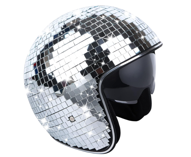 Disco Ball Helmet with Retractable Visor Silver Glitter Mirror Glass Disco Ball Hat Helmet for Women Men DJ Club Stage Bar Party Wedding