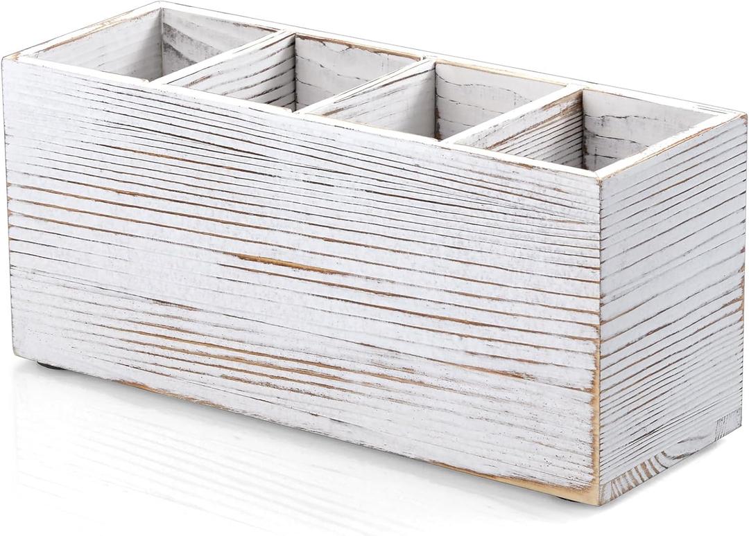Pencil Pen Holder for Desk, White Washed Wood Office Desk Organizers and Accessories with 4 Slots for Countertop, Makeup Brush Holder Organizer for Bathroom Vanity, Silverware Caddy for Party (Rustic White)