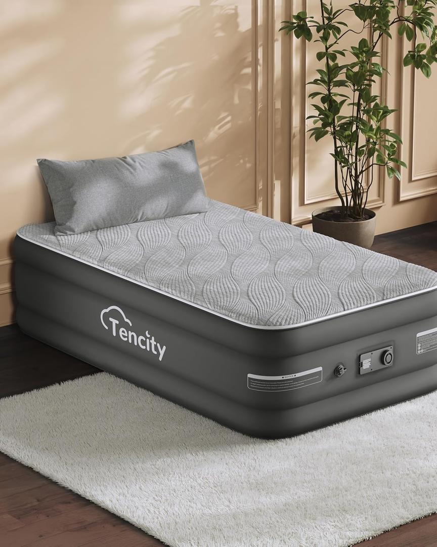 Tencity Fast Inflate AirBed, Quiet & Comfortable Blow Up Bed for Home Guests, Camping, Travel, Luxury Air Mattress W/Quilted Foam Topper, U-Shaped PVC Strap for Firm Support，Grey 18" Twin，18" Twin