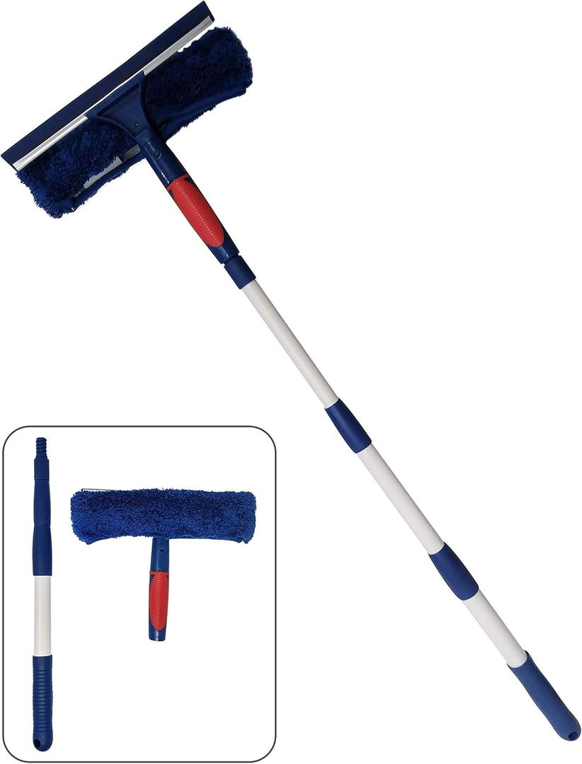 Professional Window Cleaner Squeegee with Extension Pole Up to 3 Ft Long | 2-in-1 Squeegee and Scrubber Washer Tool | Window Washing Cleaning Kit For Indoor Outdoor, Glass, Car, Home or Commercial Use