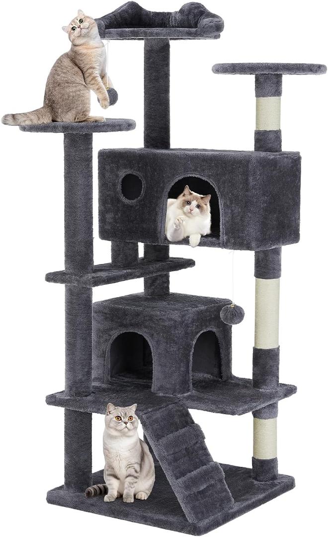Cat Tree 54 Inch, Multi-Level Cat Tower with Condo, Perches, Sisal Scratching Posts and Climbing Ladder, Pet Play Toy Balls House for Indoor Cats, Dark Grey