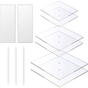 Boyun Acrylic Square Cake Disk Set,Acrylic Cake Discs Set,Comb Scrapers,Dowel Rods,Icing Scraper,Acrylic Scraper Smoother for 3 Tier Cakes (6.25" + 8.25" + 10.25")