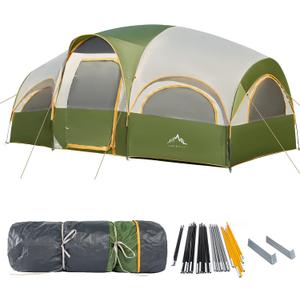 8 Person Tent for Camping, Waterproof Windproof Family Tent with Rainfly, Divided Curtain Design for Privacy Space, Portable with Carry Bag (Green)