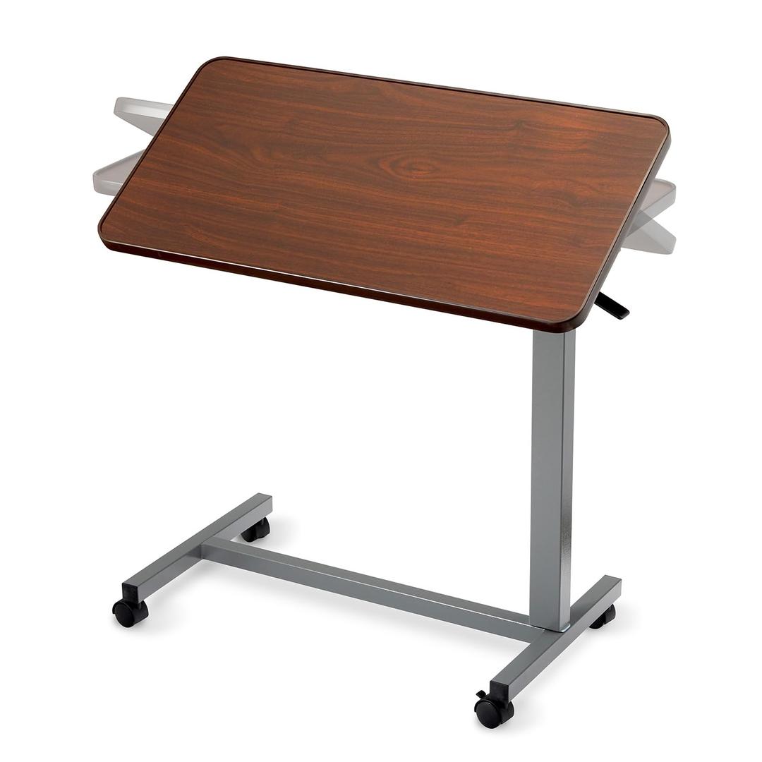 Invacare Bed Table, Height Adjustable & Tilting Overbed Table, Hospital Bedside Table, Medical Rolling Desk with Wheels, Waterproof Medical and Home Use L-Shaped Steel Base Over Bed Tray Table