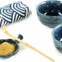 A Unique Matcha Set: 9 pieces set, A Ceremonial Grade Kit For Matcha With 2 Thick Glazed Dark Blue Hand Painted bowls. Bamboo Whisk and Scoop, Strainer, Table Runner, chop stand, dish and bottle.