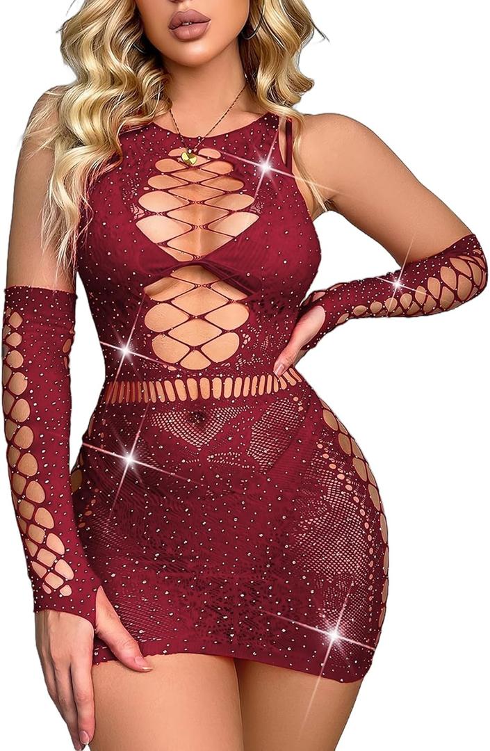 Avidlove Fishnet Lingerie Womens Mesh Chemise One Piece Babydoll Mini Dress Lace Sparkle Rhinestone Lingeries for Women (Dark Red, One Size)