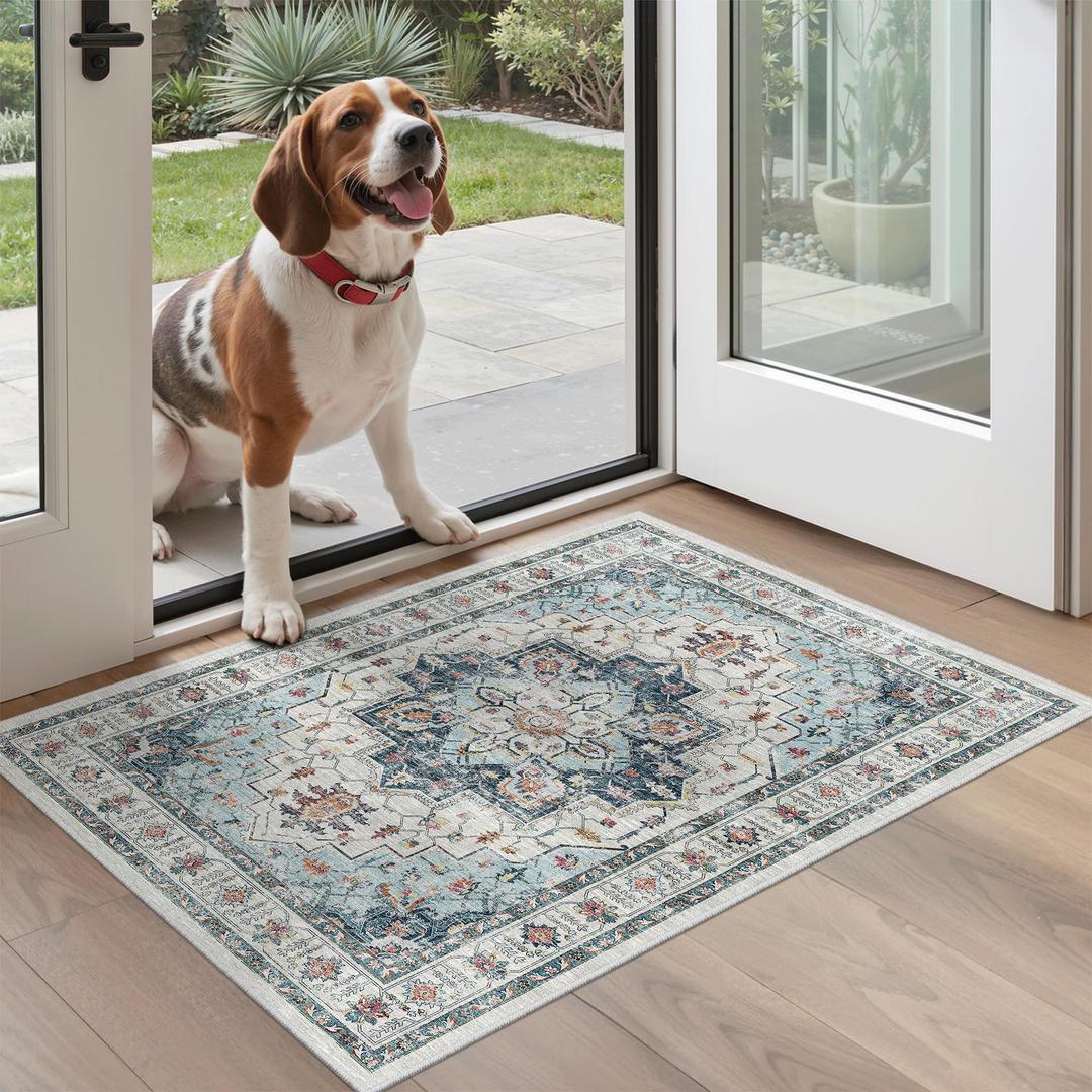 Madane 8x10 Area Rugs for Living Room, Non-Slip Vintage Washable Rug, Blue