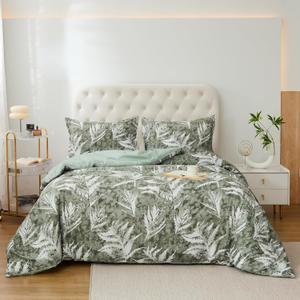 Green Comforter Set | King Size Comforter Set (104x90 Inches) | Luxury Fluffy Down Alternative All Seasons Bedding Set with 2 Pillow Shams | Lightweight Microfiber with Botanical Leaf Print