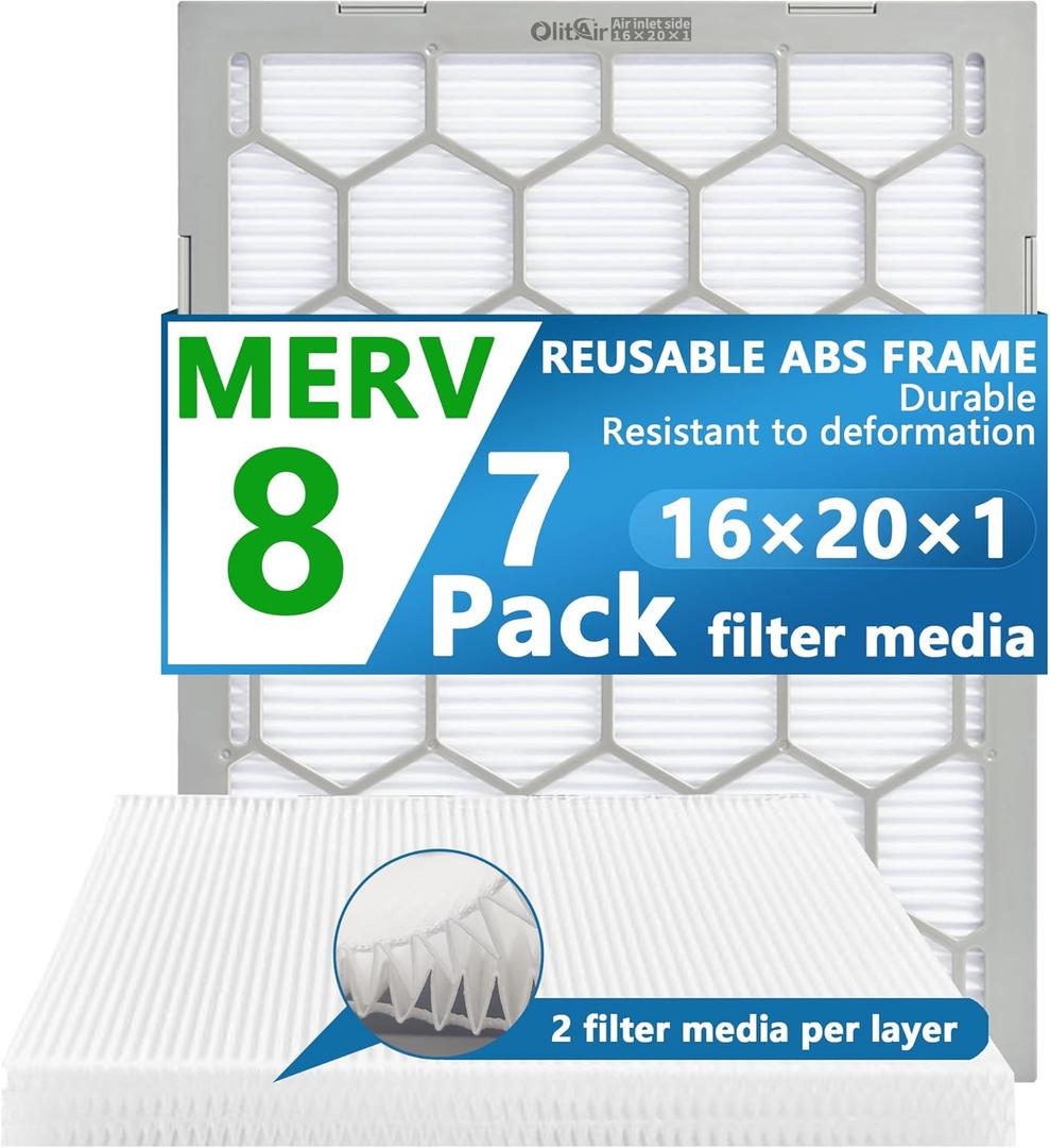 16x20x1 MERV 8 Air Filter,AC Furnace Air Filter,Reusable ABS Plastic Frame, 7 Pack Replaceable Filter Media (Actual Size: 15 3/4" x 19 3/4" x 3/4")