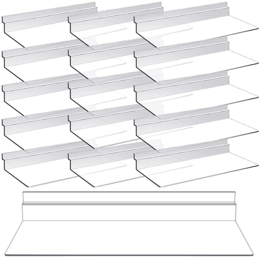 16 Pack 4 x 10 Inch Slatwall Shelves Hanging Accessories Clear Slatwall Shelf Plastic Shelves for Wall, Home Shoe Stores Boutiques Supplies (Clear)