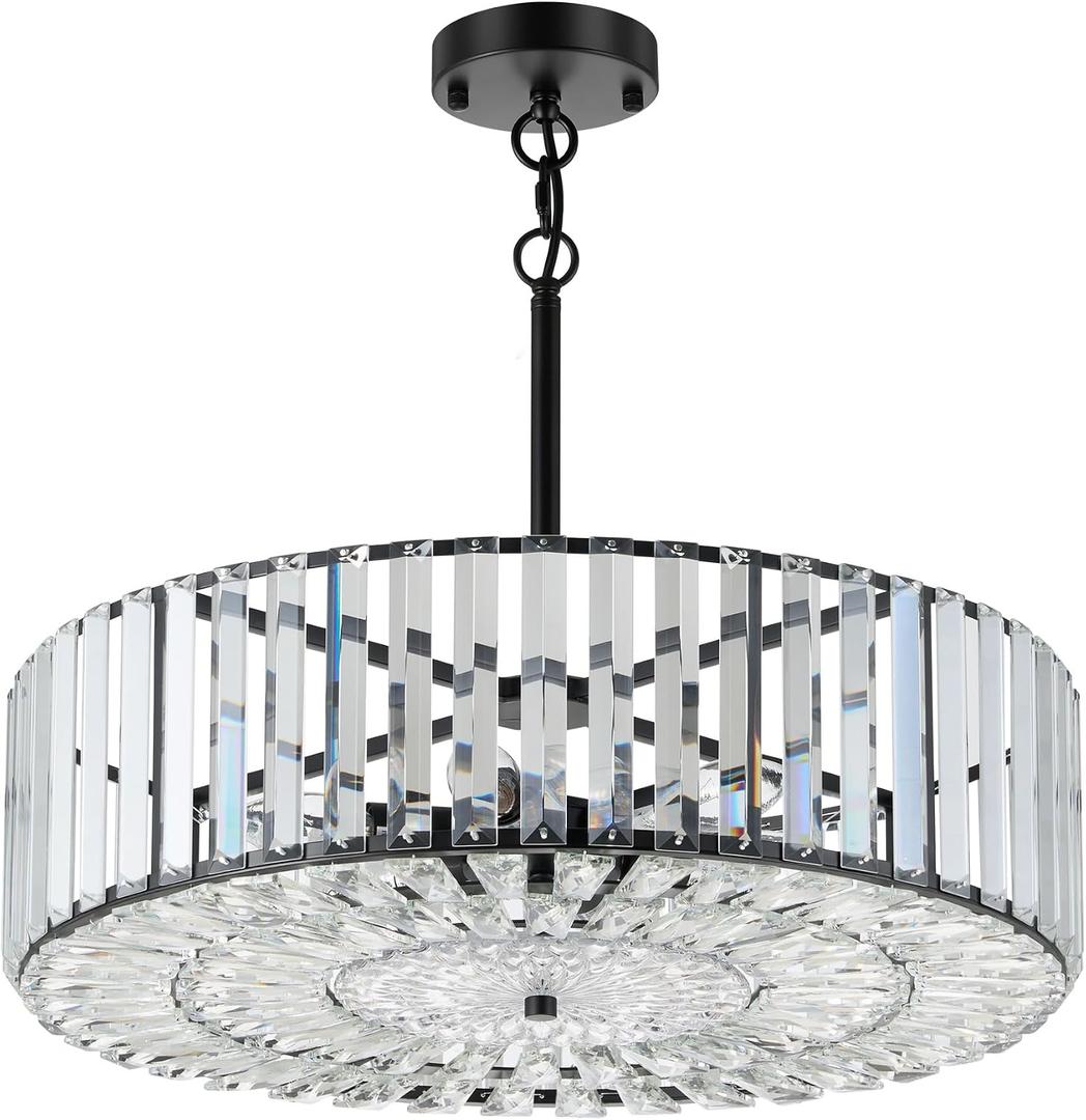 VONLUCE Cystal Ceiling Light Fixture, 6-Light Semi Flush Ceiling Light with Crystal Prisms, 21 in. Chandelier for Dining Room Bedroom Entryway, Kitchen, Black Metal Canopy, ETL Certificated