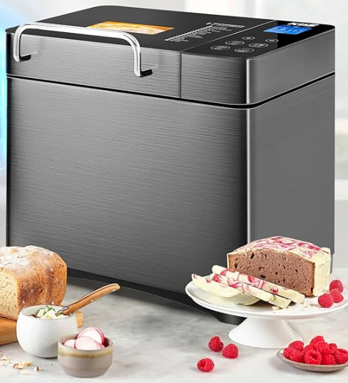 KBS 17-in-1 Bread Maker-Dual Heaters, 710W Machine Stainless Steel with Gluten-Free, Dough Maker,Jam,Yogurt PROG, Auto Nut Dispenser,Ceramic Pan& Touch Panel, 3 Loaf Sizes 3 Crust Colors,Recipes