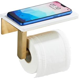 Brushed Gold Toilet Paper Holder with Shelf, 304 Stainless Steel Screw Wall Mounted, Marble Tissue Roll Holder with Storage