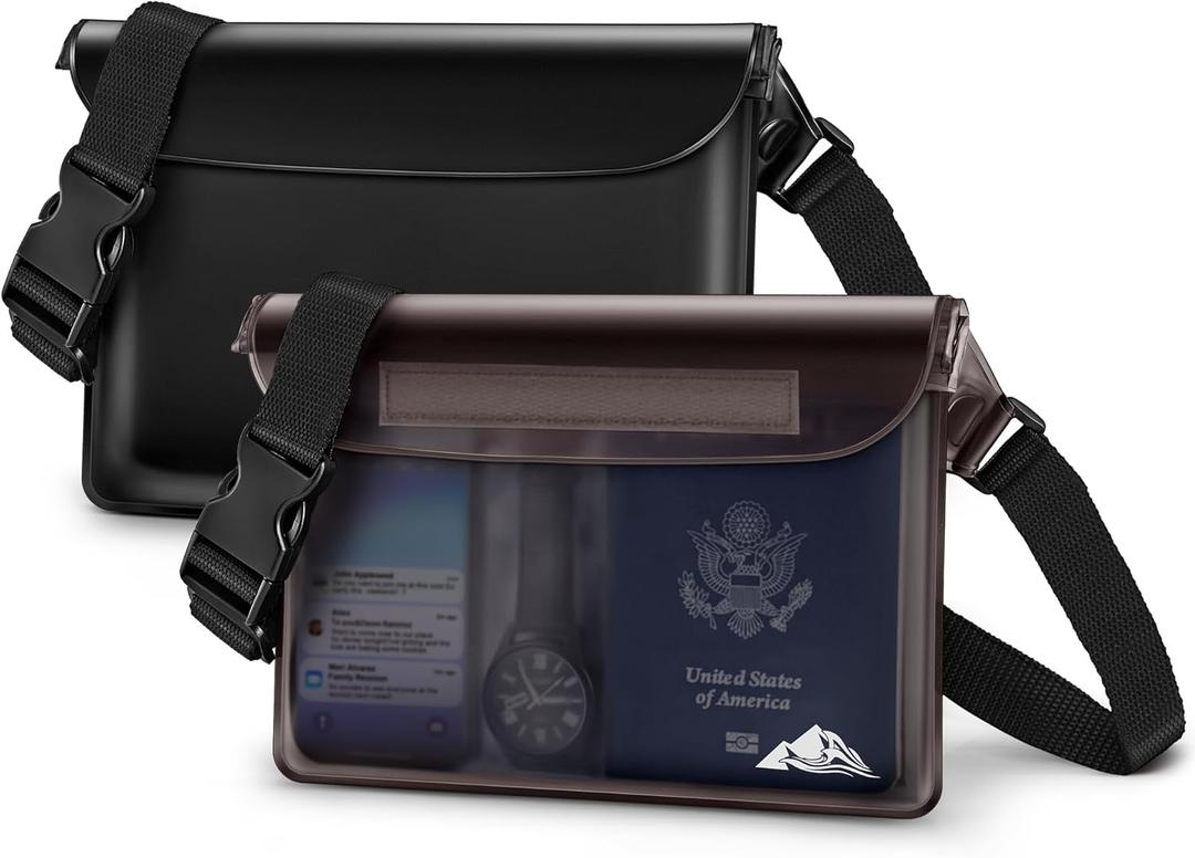 HEETA Waterproof Fanny Pack, Waterproof Pouch Dry Bag 2 Pack for Phone Passport Purse, Adjustable Waist Strap for Swimming Kayaking Boating Paddle Board Accessories Cruise Beach Camping Essentials (Black & Grey)