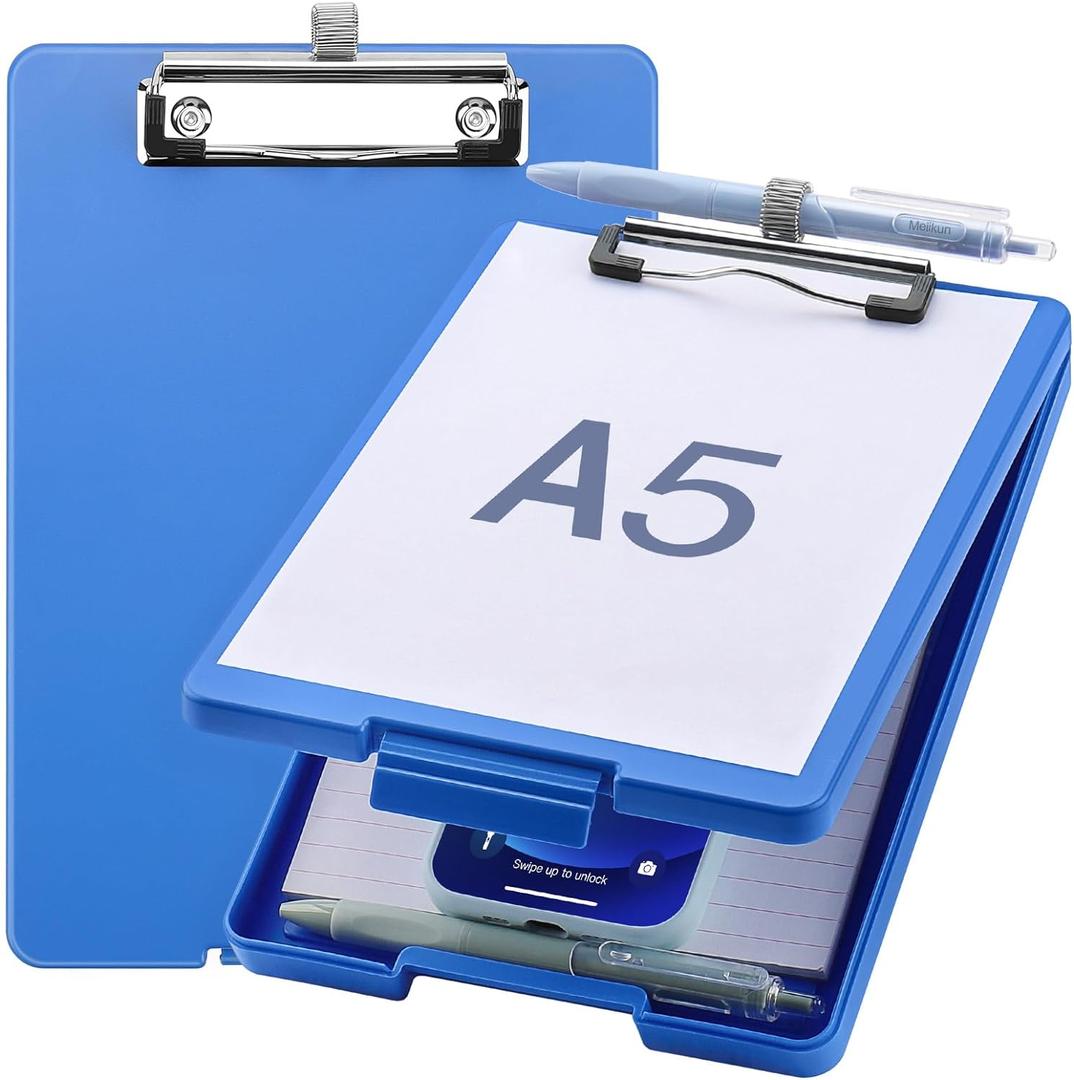 Meiikun Small Clipboard with Storage, A5 Clipboards with Pen Holder, Half Letter Clip Boards 6x9 Mini Plastic Clipboard with Low Profile Clip for Classroom, School, Office Supplies (Blue)