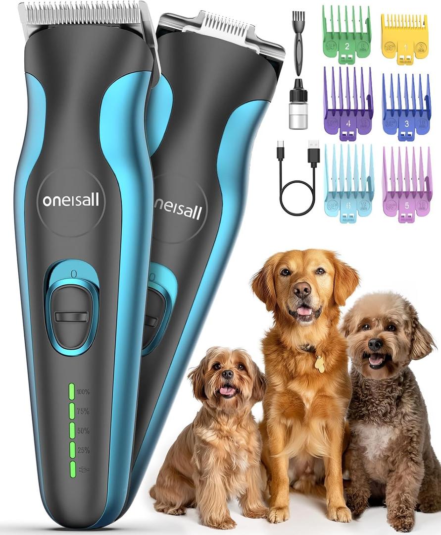 oneisall 2 in 1 Dog Clippers Grooming and Paw Trimmer, Cordless 50dB Quiet Rechargeable 2 Speed Dog Hair Clippers with Detachable Stainless Steel Blade for Small & Large Dogs Pets with Thick Coats (Blue)