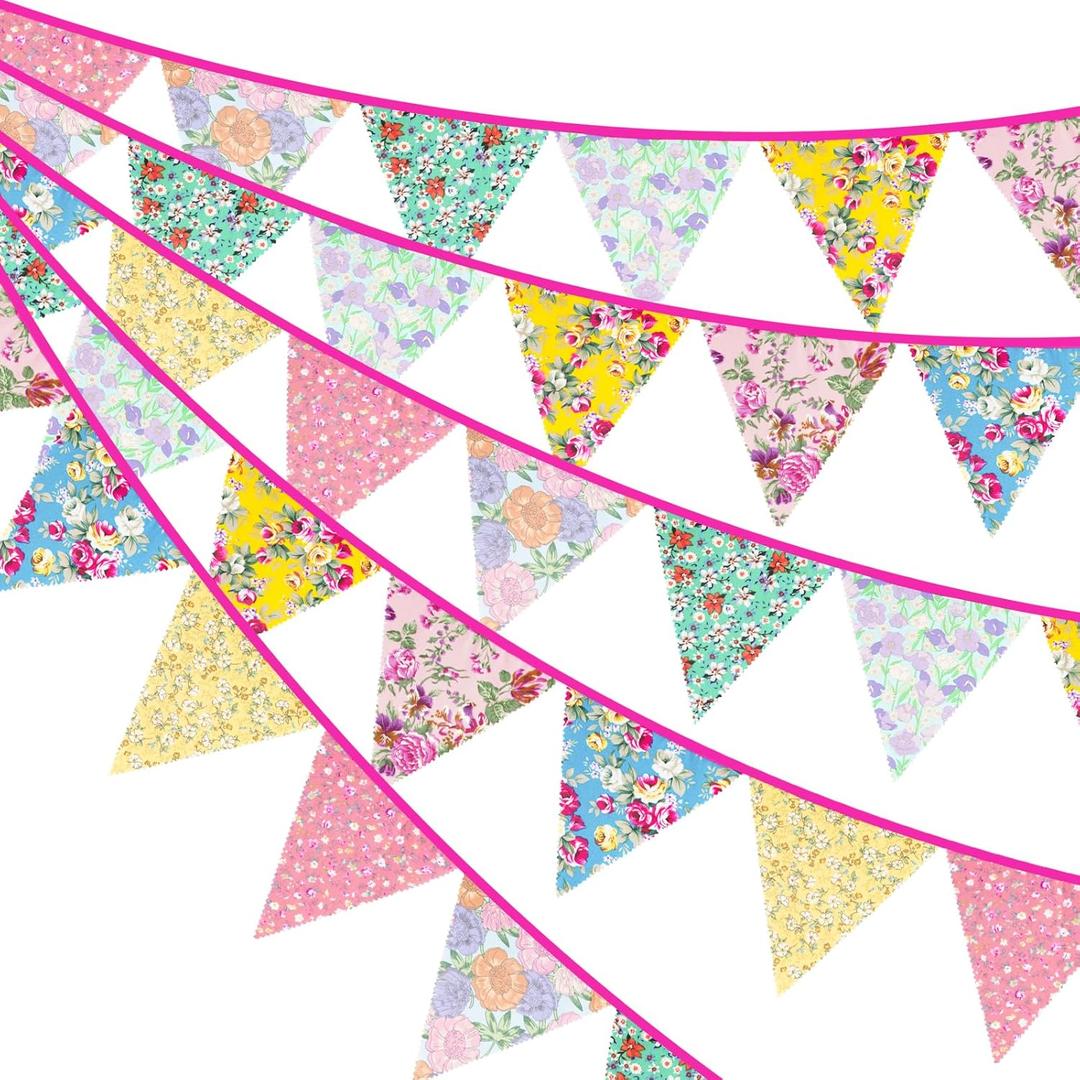 JijAcraft 39Ft Triangle Bunting Banner, 42Pcs Tea Floral Party Bunting Cotton Fabric Flags Pennant Garlands for Birthday Party, Wedding, Baby Shower, Outdoor and Home Decorations (Floral)