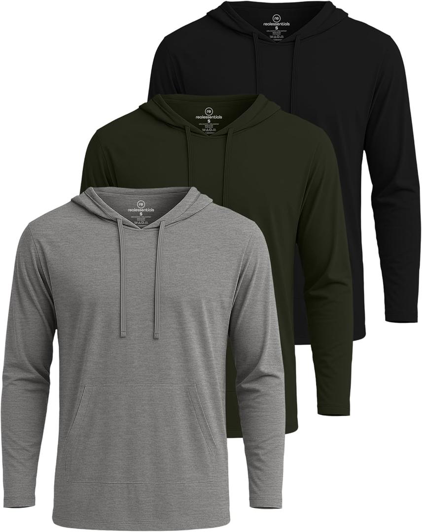 Real Essentials 3 Pack: Men's Cotton Lightweight Casual Pullover Drawstring Hoodie With Pocket (Large)