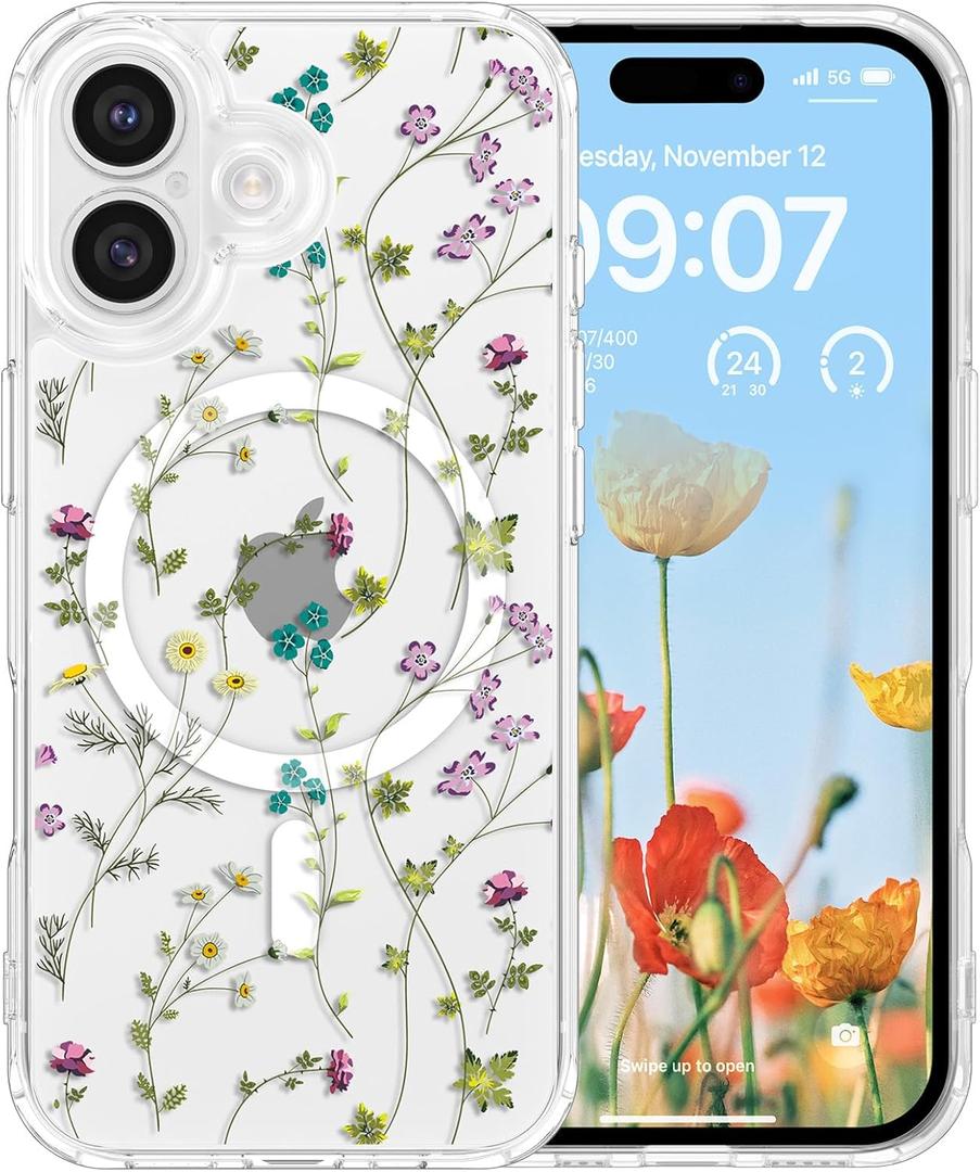 RALEAVO for iPhone 17 Case Compatible with MagSafe Clear Floral Cover with Flower Branch Pattern for Girls Women Slim Cute Hard Back Shockproof Phone Case for iPhone 17,Transparent