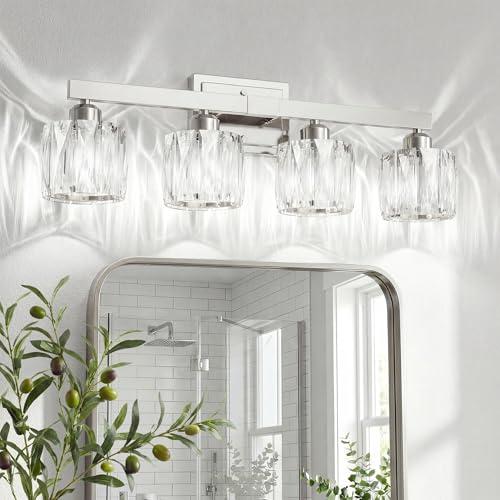 VOLISUN Crystal Vanity Lights for Bathroom, 4 Light Bathroom Vanity Light, Modern Stainless Steel Bathrooms Lights Over Mirror, Chrome Bathrooms Lights Fixtures-UL Certificated(Exclude Bulb)