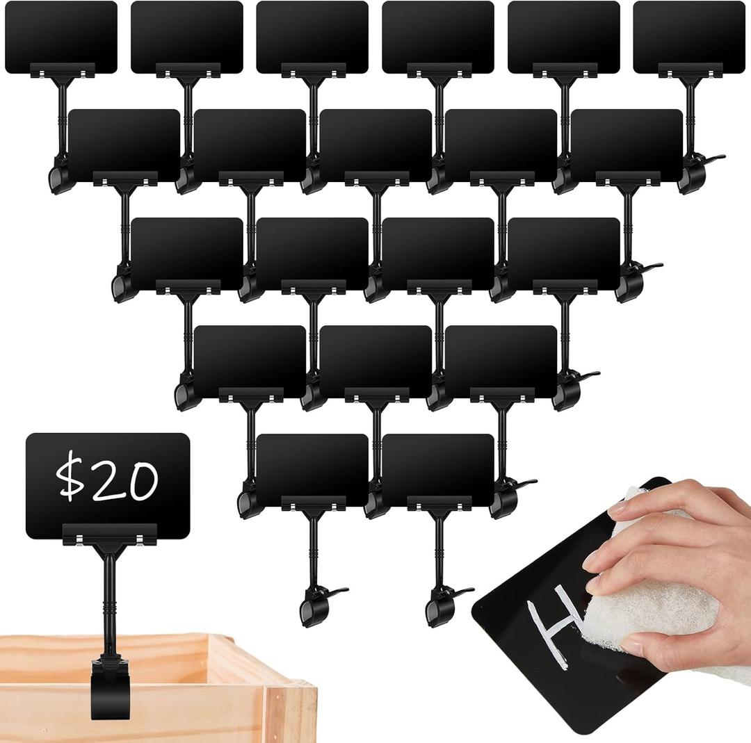 20 Set Mini Plastic Chalkboard Sign with Clip Double Head Rotating Display Price Tag Bulk Erasable Merchandise Sign Clip Holder for Business Retail Food Clothing Vendor Shelf Basket Display (Black)