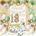 18th Birthday Decorations for Girls, Sage Green Happy 18th Birthday Decorations Happy Birthday Banner 18 th Birthday Sash Crown Tablecloth Fringe Curtain for Girls Boy 18 Year Old Bday Decorations