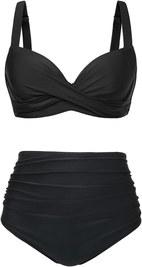 Aqua Eve Women Underwire Bikini Set - High Waisted Two Piece Swimsuit Tummy Control Bathing Suit 2025 Push Up Swimwear (XXL, Black)