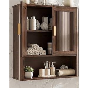INNOD Bathroom Wall Storage Cabinet, Medicine Cabinet with Adjustable Wood Shelf & Doors, Over the Toilet Storage Cabinet for Laundry Room & Living Room Kitchen Storage Islands, Walnut 