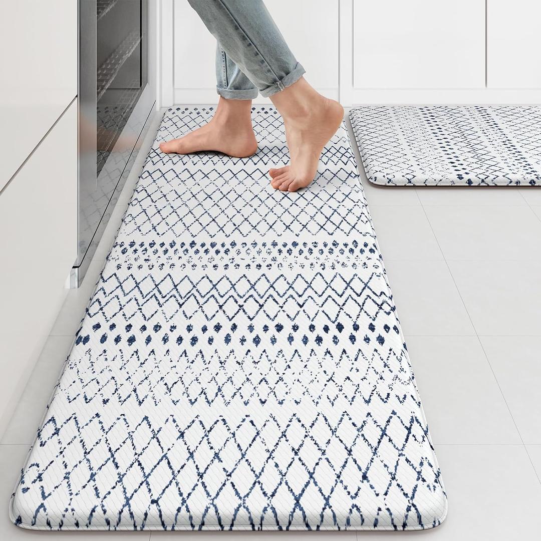KIMODE Kitchen Mats 2PCS Cushioned Anti Fatigue Boho Kitchen Rugs and Mats Non Slip Waterproof Kitchen Mats for Floor Comfort Foam Standing Desk Mat for Home Office Sink Blue White Laundry Room Decor