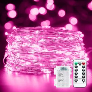 33Ft 100 LED Outdoor String Lights, Pink Fairy Lights Battery Operated with Remote, Waterproof Twinkle Lights for Bedroom Dorm Patio Tapestry Backyard Garden Party Indoor Valentine's Day Decoration (100LEDs)
