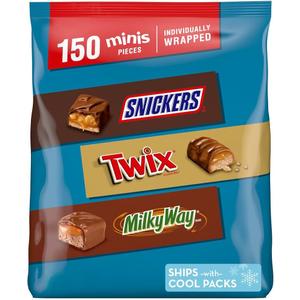 SNICKERS, TWIX, & MILKY WAY Minis Chocolate Candy Bars Variety Pack, 150 Ct Bulk Bag Best By 01/2027