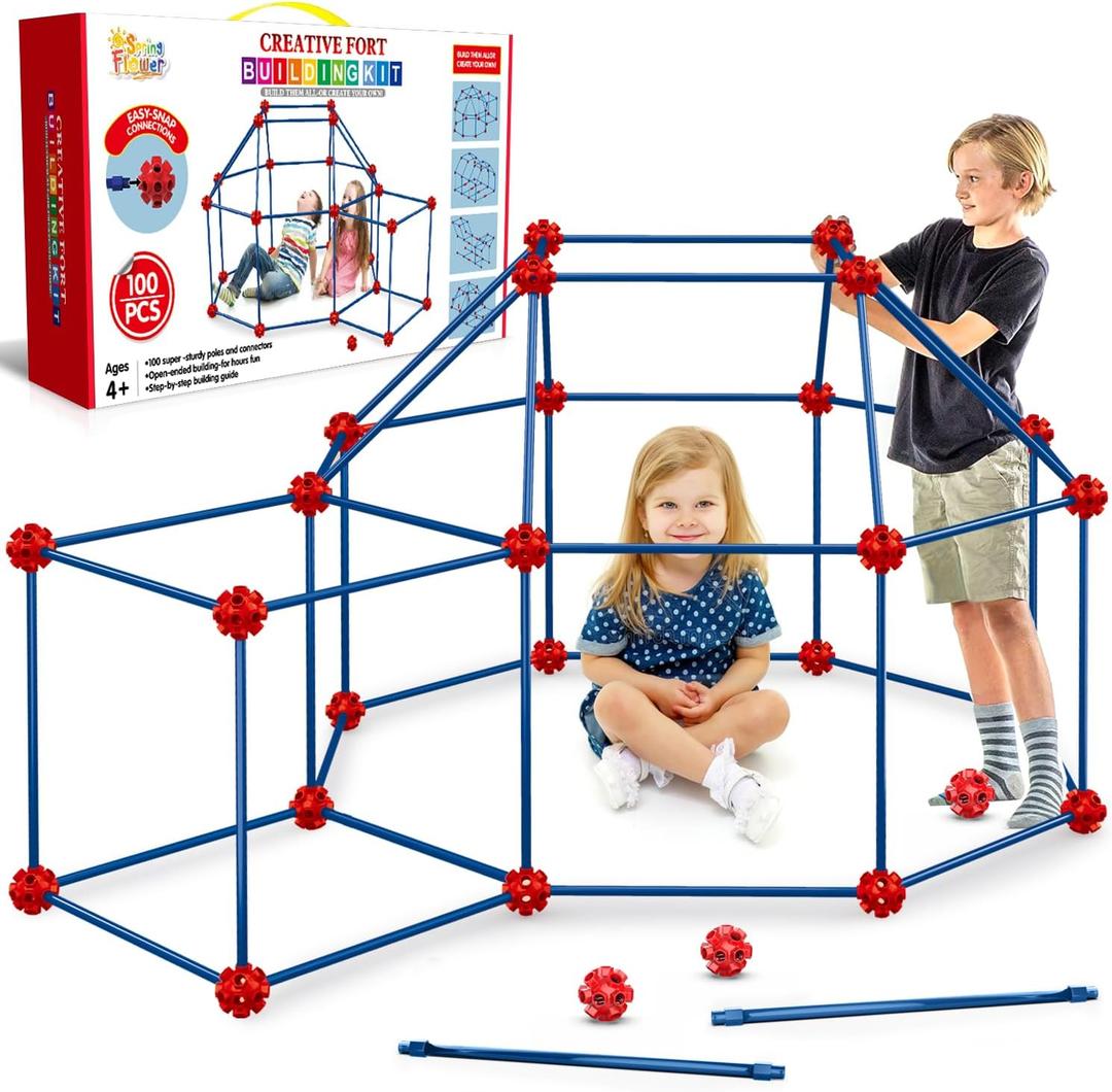 SpringFlower Fort Building Kit for Kids,STEM Construction Toys, Educational Gift for 3 4 5 6 7 8 9 10 11 12 Years Old Boys and Girls,Ultimate Creative Set for Indoor & Outdoors Activity,100 Pcs