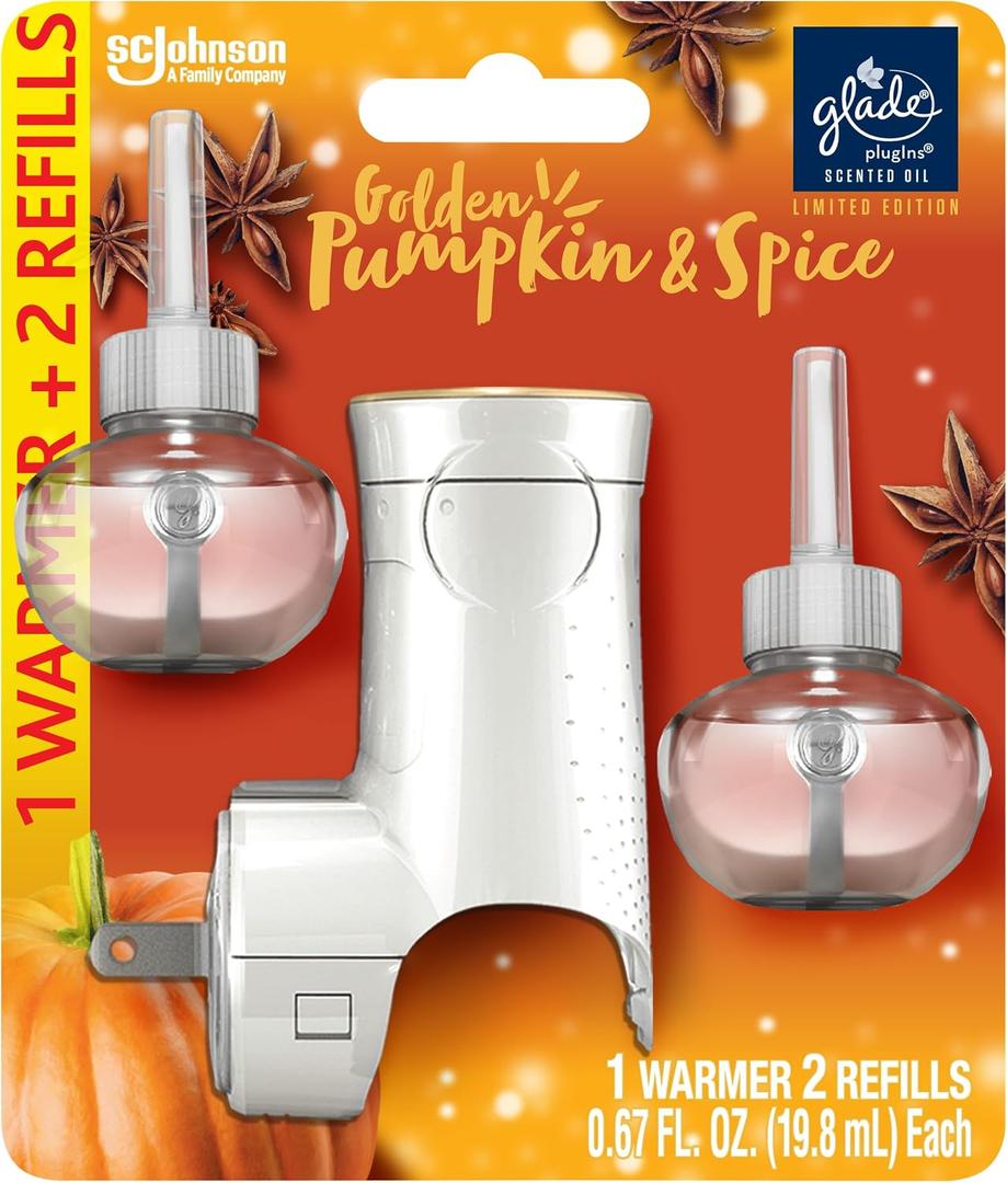 Glade PlugIns Refills Air Freshener Starter Kit, Scented and Essential Oils for Home and Bathroom, Golden Pumpkin & Spice, 1.34 Fl Oz, 1 Warmer + 2 Refills