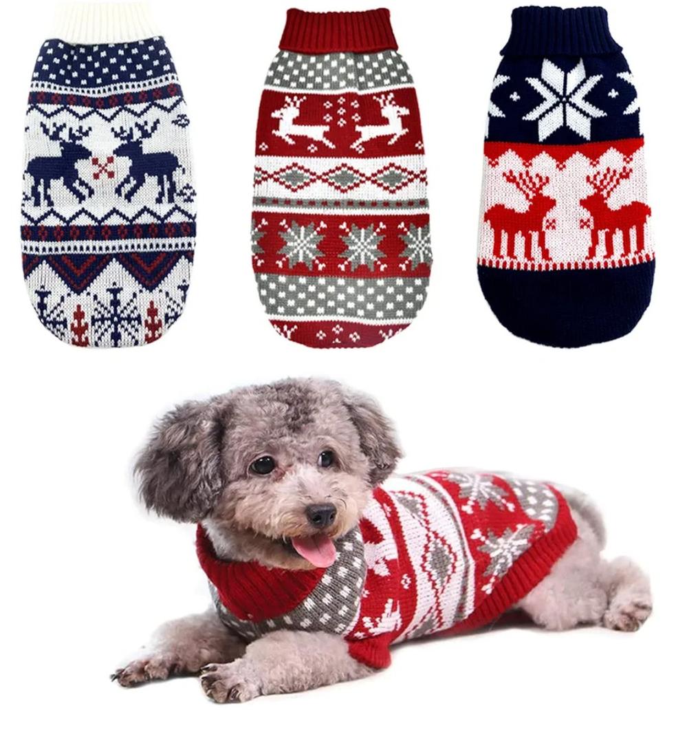 3Pcs Christmas Dog Sweater Costume Xmas Cat Knitwear Clothes Navy Blue White and Christmas Red Sweaters with Reindeers Snowflakes Pattern for Kitten Cat Puppy Dog , 8"