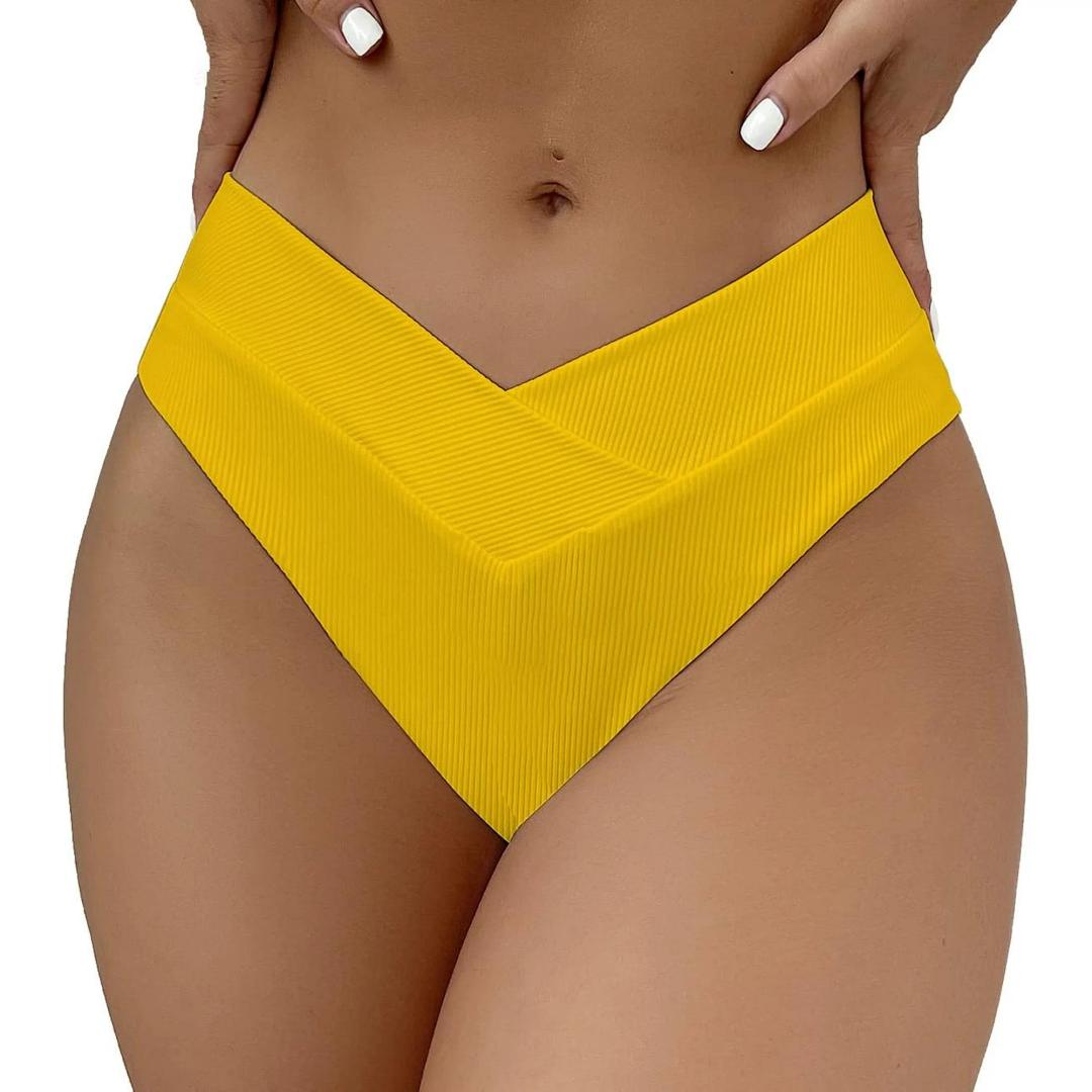 SherryDC Women's V Cut High Waisted Bikini Bottom High Leg Cut Swimsuit Bathing Suit Bottoms M