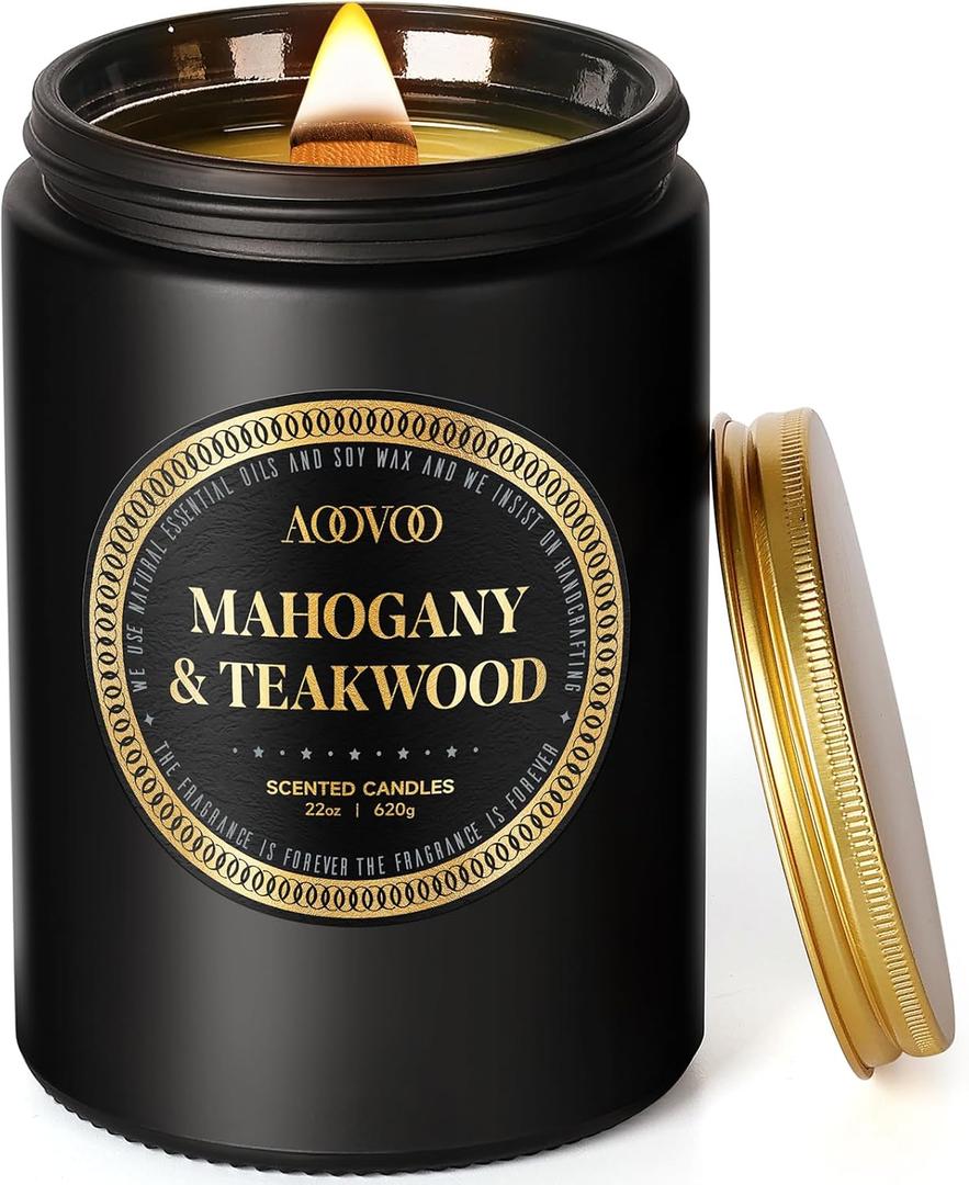 AOOVOO Scented Candles for Men - Large Mahogany & Teakwood Candles for Home Scented | Crackling Wood Wick Soy Candle | Strong Fragranced Masculine Black Candle Gift for Women & Men, 22oz