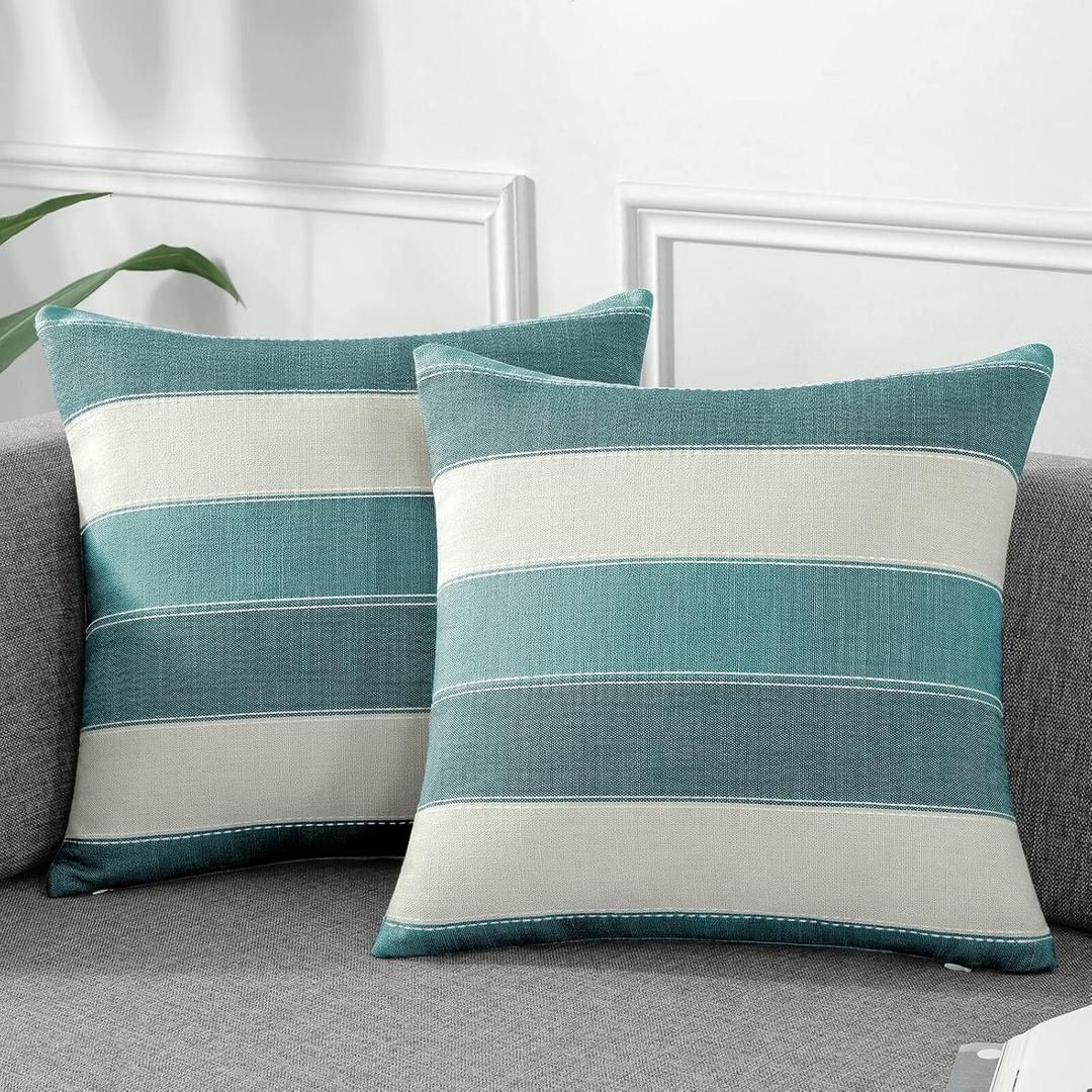 AmHoo Pack of 2 Farmhouse Stripe Check Throw Pillow Covers Set Case Cotton Linen Decorative Pillowcases Cushion Cover for Couch Bench Sofa 22x22Inch Teal Blue