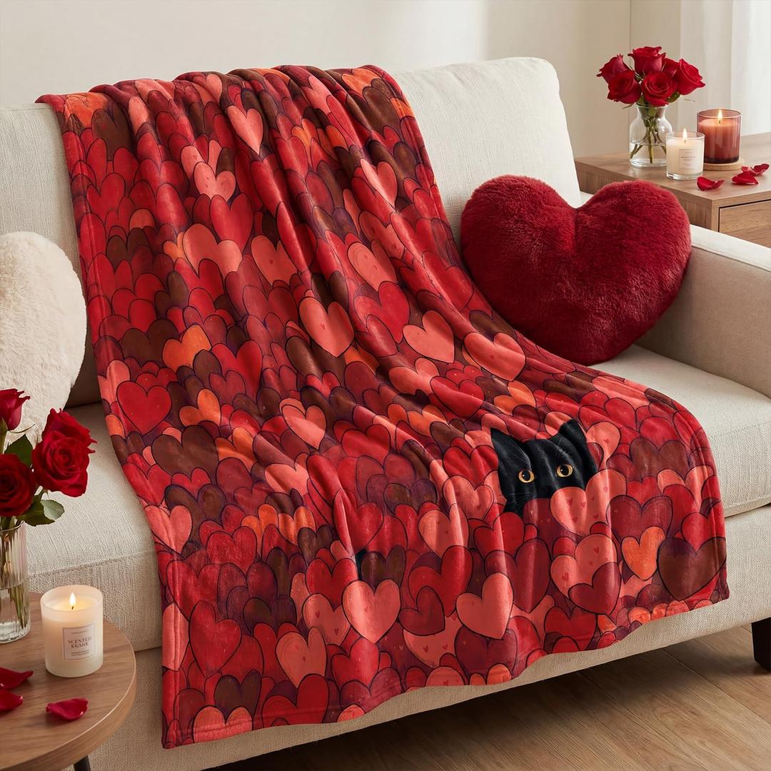 Horaldaily Valentine Flannel Blanket Throw, Love Hearts Cat Red Soft Fuzzy Plush Cozy Fleece Blankets for Couch Sofa Bed Lounging, Ideal Gifts for Kids Adults Wife Self, 50x60