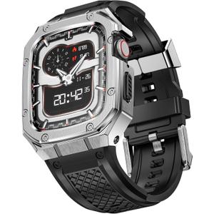 SUPLINK Silicone Band with Stainless Steel Case Compatible with 45mm Apple Watch Bands for Men, Metal Rugged Protective Bumper for iWatch Apple Watch Series 9 8 7 Band, Silver